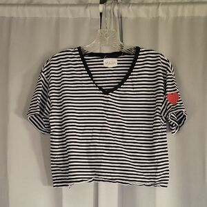 Sela Black and White Striped Crop Top with Red Heart
